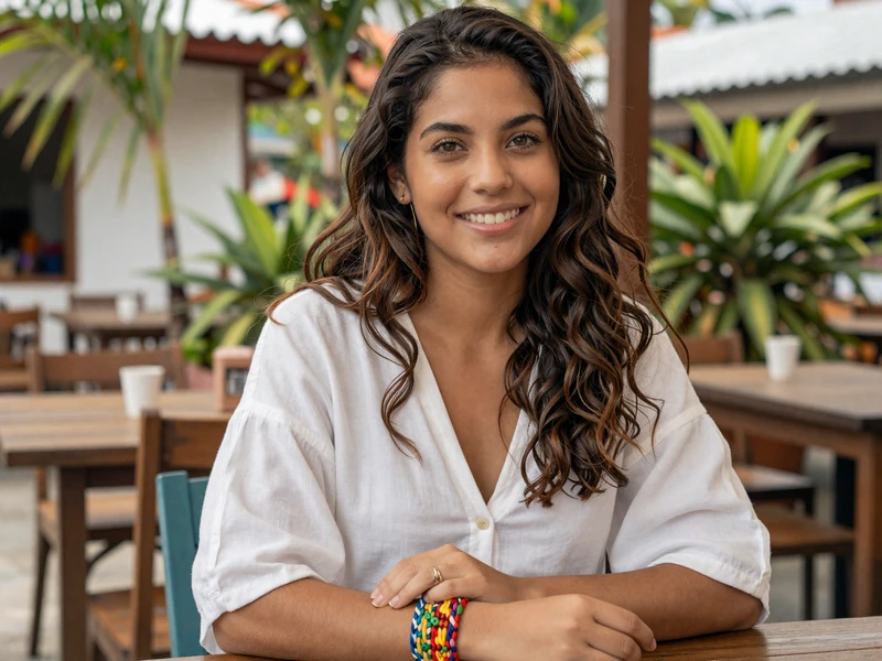 Costa Rican woman with warm smile at outdoor cafe representing pura vida lifestyle