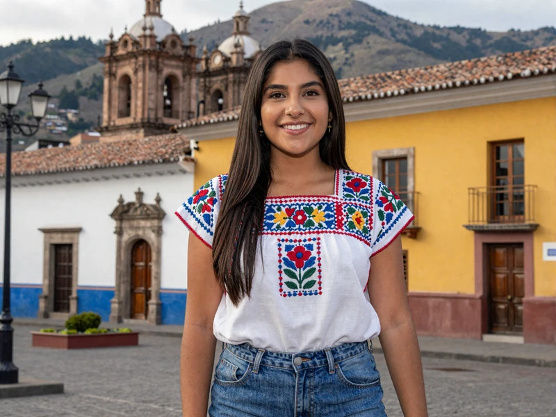 Ecuadorian woman in traditional Andean embroidered clothing smiling warmly in Quito's historic center with colonial architecture and mountain backdrop