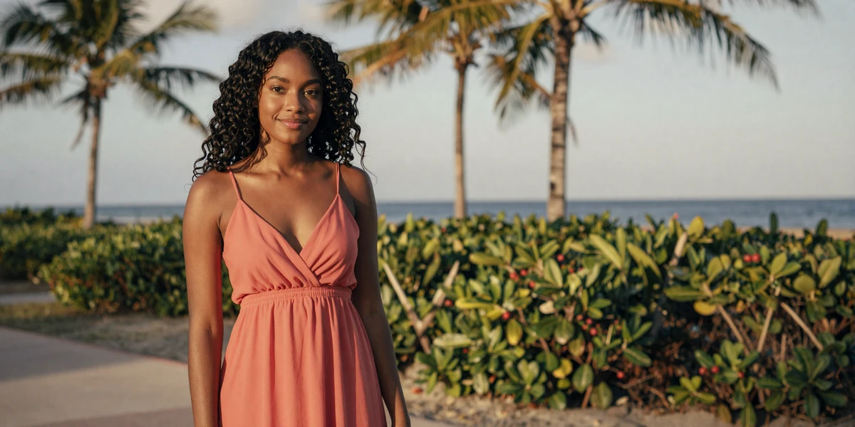 Beautiful Haitian woman in elegant coral sundress smiling near coastal tropical setting