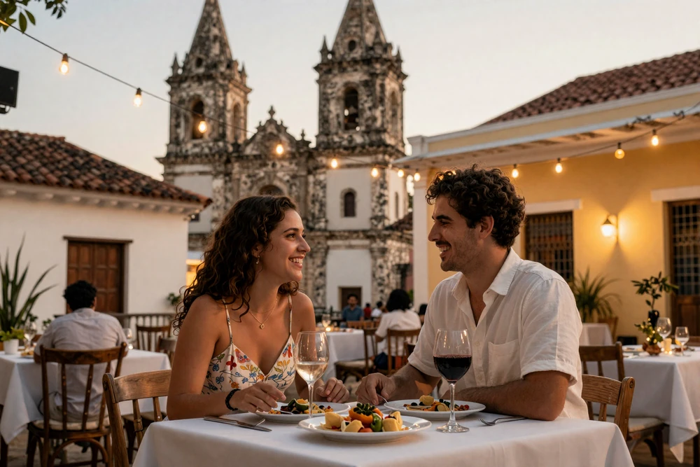 Romantic dinner date in historic Casco Viejo district of Panama City, illustrating the sophisticated yet warm dating culture that Western men experience with Panamanian brides