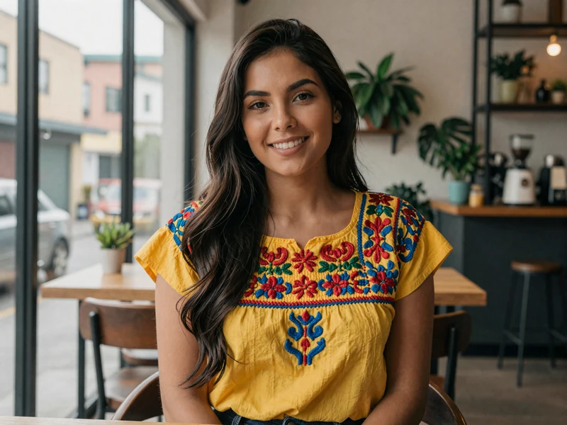 Colombian woman Valentina displaying warm personality and traditional values in modern Bogota coffee setting