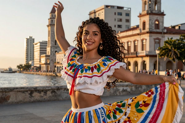 Cuban woman dancing salsa on the Malecón in Havana at sunset, showcasing the vibrant cultural spirit and joyful personality typical of Cuban brides seeking American partners