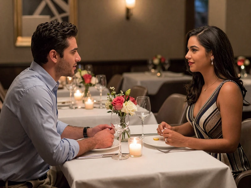American man on romantic date with beautiful Mexican woman in restaurant setting demonstrating proper dating etiquette and communication when courting Mexican mail order brides