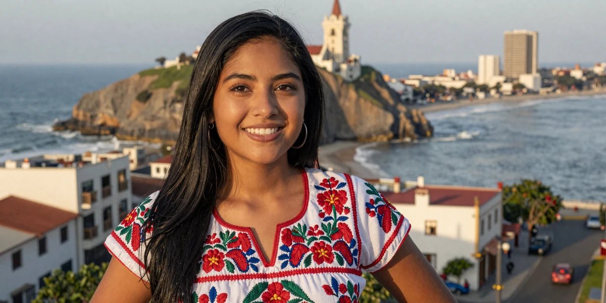 Beautiful Peruvian woman in traditional embroidered clothing standing near Pacific Ocean cliffs in Lima's Miraflores district during golden hour, representing the warmth and cultural richness of Peruvian mail order brides