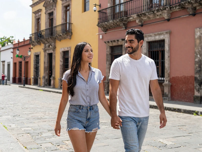 American man traveling through Mexico City with his Mexican mail order bride showing the romantic tourism and dating experience involved in international relationship building