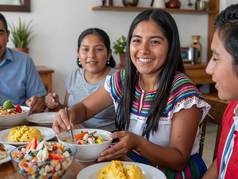 Peruvian woman in colorful traditional pollera skirt sharing traditional Peruvian meal with family members during warm home gathering, demonstrating strong family values central to Peruvian brides