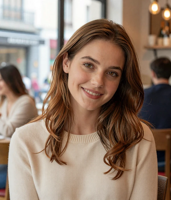 Beautiful Argentinian woman with natural elegance enjoying coffee in Buenos Aires cafe, showcasing the sophisticated charm that makes Argentine brides highly sought after by American men