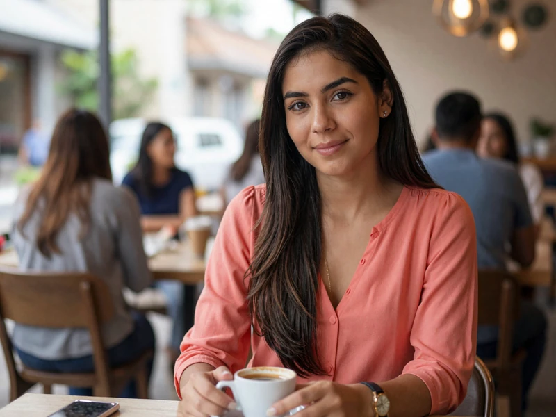 Beautiful Nicaraguan woman enjoying coffee at a local cafe