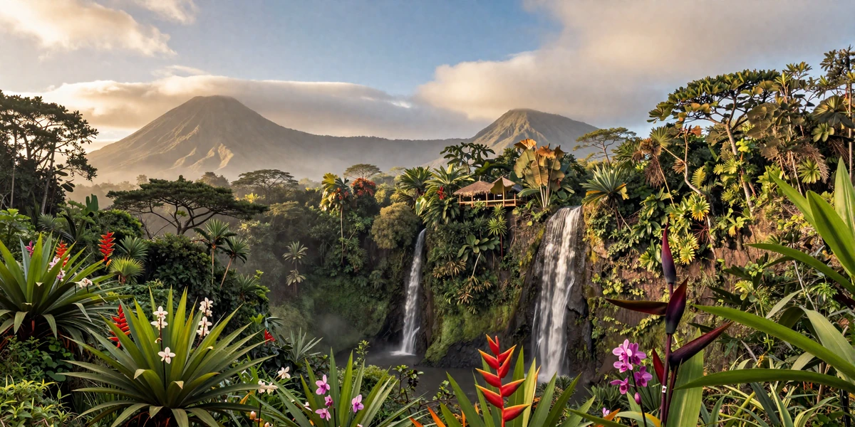 Beautiful Costa Rican tropical landscape with lush rainforest and mountains