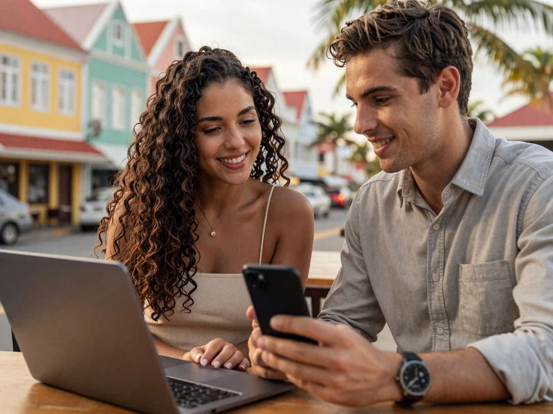 Intercultural couple having warm video chat conversation in tropical Caribbean setting
