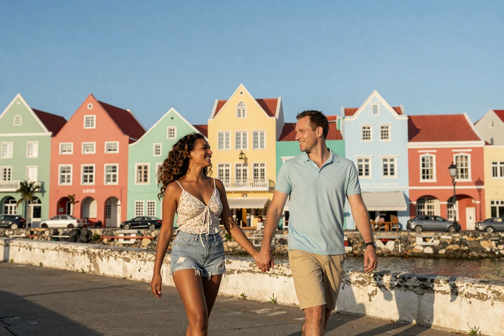 International couple walking hand in hand along Willemstad waterfront with colorful Dutch architecture
