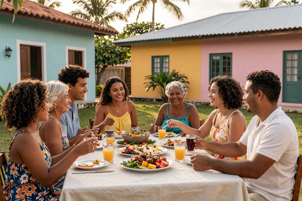 Multigenerational Dutch Antillean family gathering for traditional outdoor meal